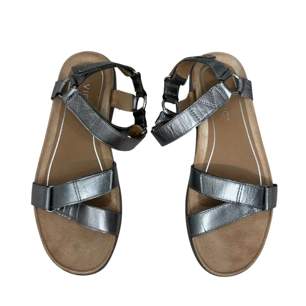 Vionic Kayan Leather Metallic Pewter Strappy Platform Sandal Women's size 8
